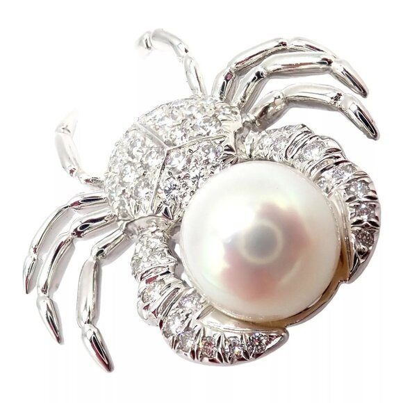 Rare! Authentic Tiffany & Co Platinum Crab 1.50ct Diamond 9mm Pearl Pin Brooch - Picture 1 of 12